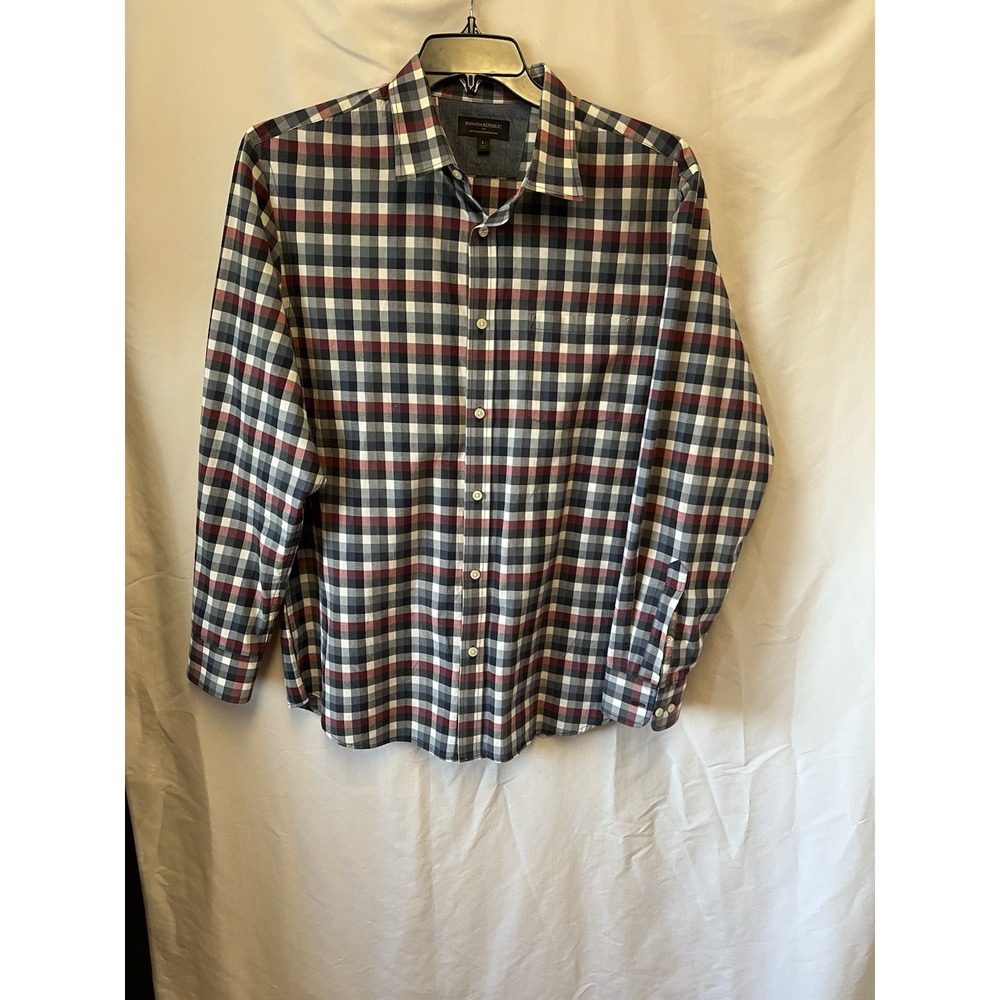 BANANA REPUBLIC Mens Shirt L Plaid Blue Red Long Sleeve Smart Casual Classic